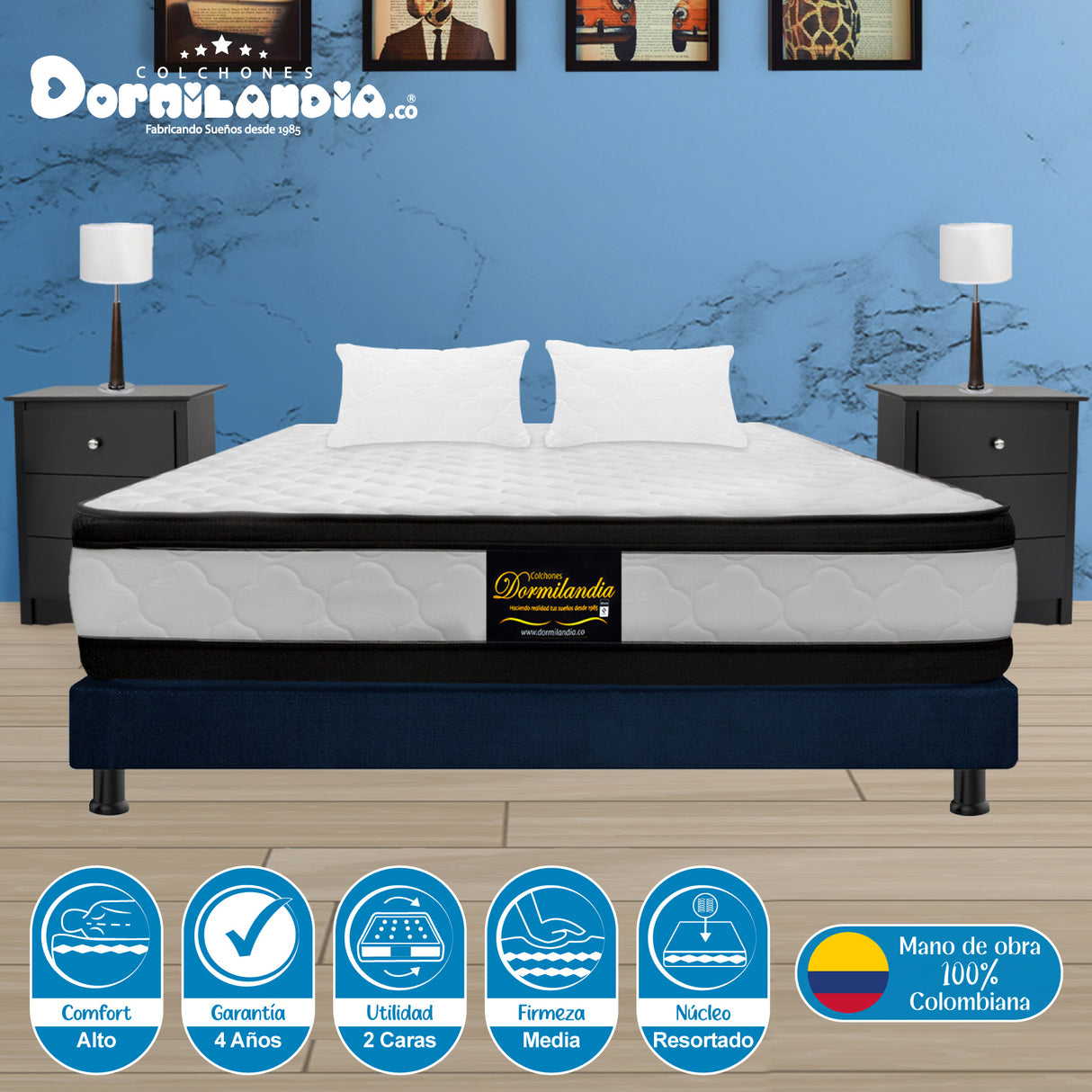 Combo Base Cama y Colchón Atenas Blanco y Azul Doble 140 X 190 Cm Firmeza Medio Doble Faz - COLCHONES | Bylmo