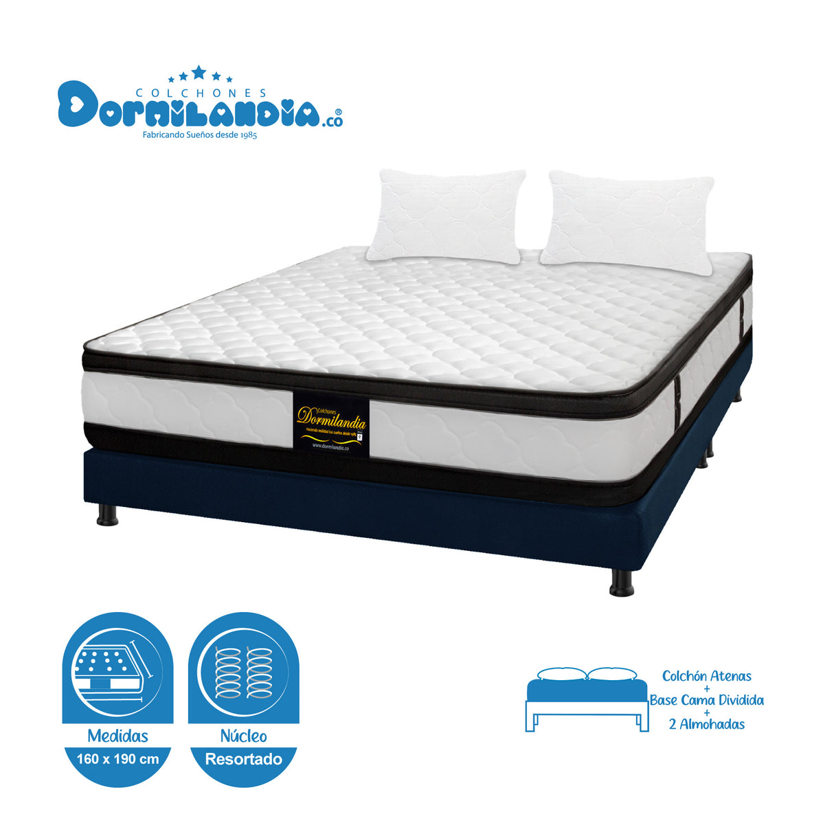 Combo Base Cama y Colchón Atenas Blanco y Azul Queen 160 X 190 Cm Firmeza Medio Doble Faz - COLCHONES | Bylmo