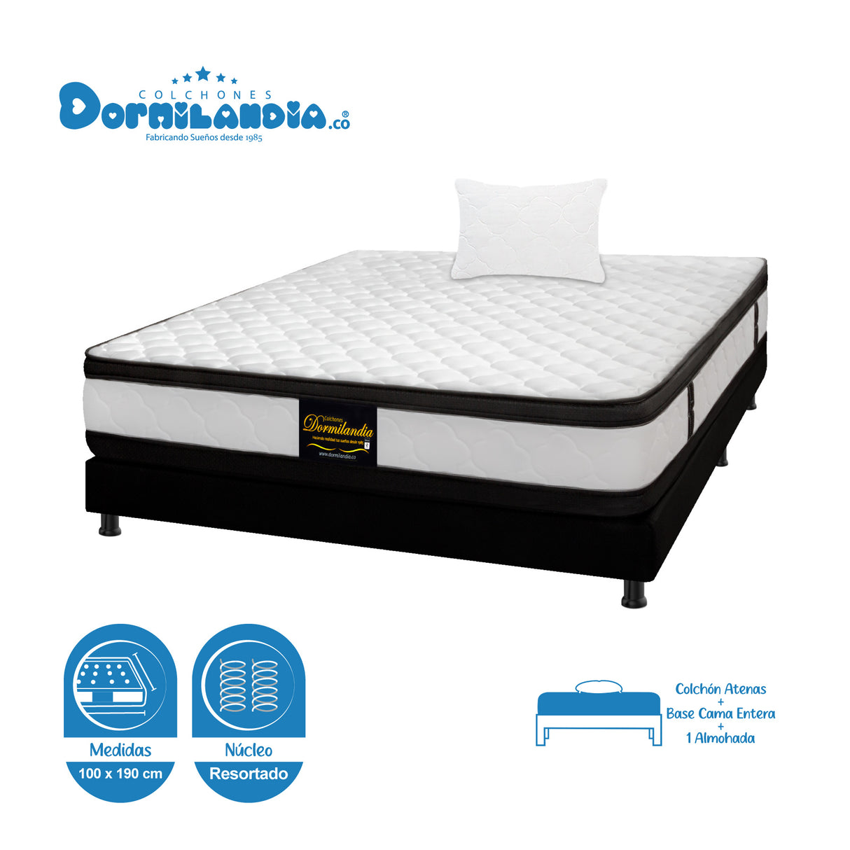 Combo Base Cama y Colchón Atenas Blanco y Negro Sencillo 100 X 190 Cm Firmeza Medio Doble Faz - COLCHONES | Bylmo