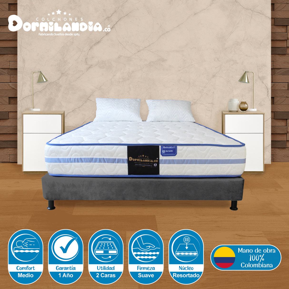 Combo Base Cama y Colchón Caribe Blanco y Gris Doble 140 X 190 Cm Firmeza Suave Doble Faz - COLCHONES | Bylmo