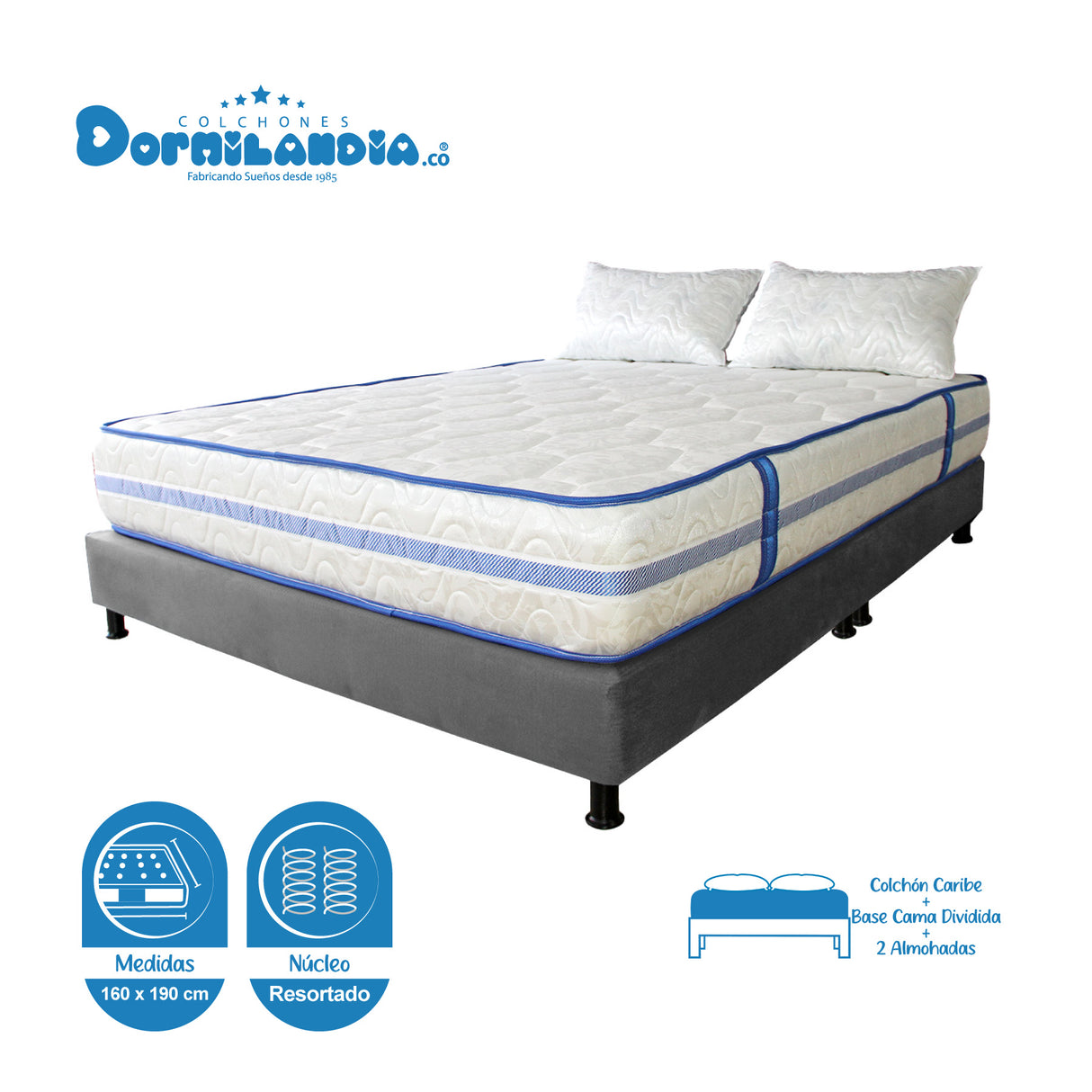 Combo Base Cama y Colchón Caribe Blanco y Gris Queen 160 X 190 Cm Firmeza Suave Doble Faz - COLCHONES | Bylmo