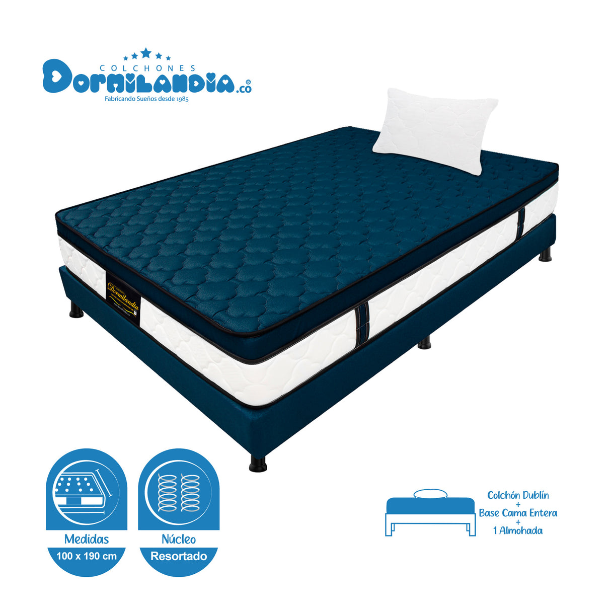 Combo Base Cama y Colchón Dublín Azul Sencillo 100 X 190 Cm Firmeza Medio - COLCHONES | Bylmo