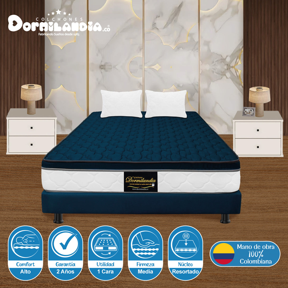 Combo Base Cama y Colchón Dublín Azul Doble 140 X 190 Cm Firmeza Medio - COLCHONES | Bylmo