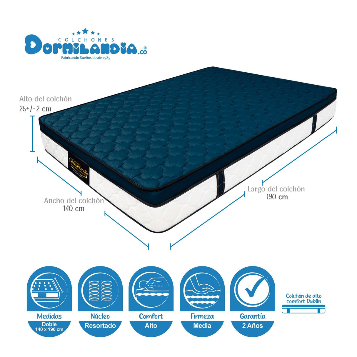 Combo Base Cama y Colchón Dublín Azul Doble 140 X 190 Cm Firmeza Medio - COLCHONES | Bylmo
