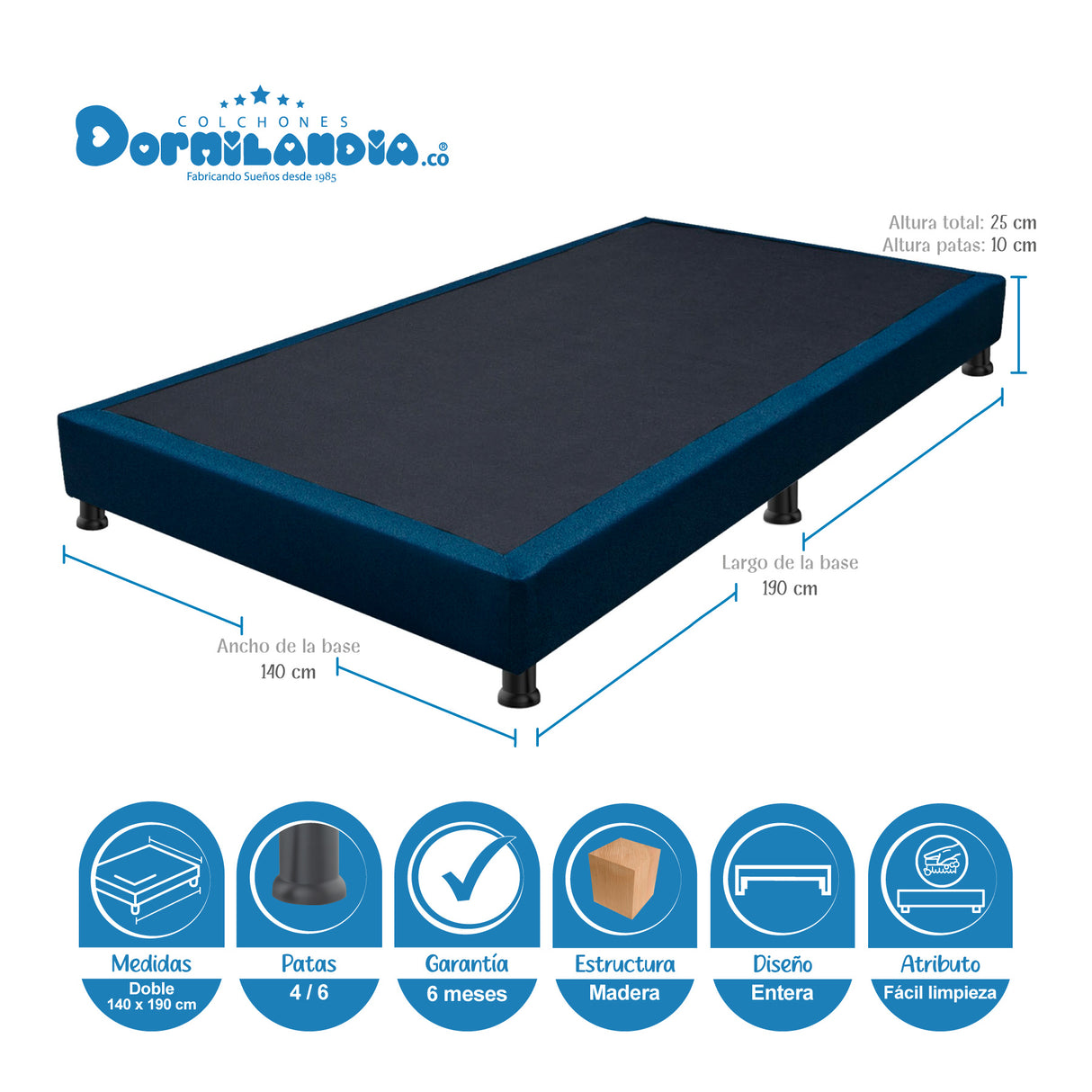 Combo Base Cama y Colchón Dublín Azul Doble 140 X 190 Cm Firmeza Medio - COLCHONES | Bylmo