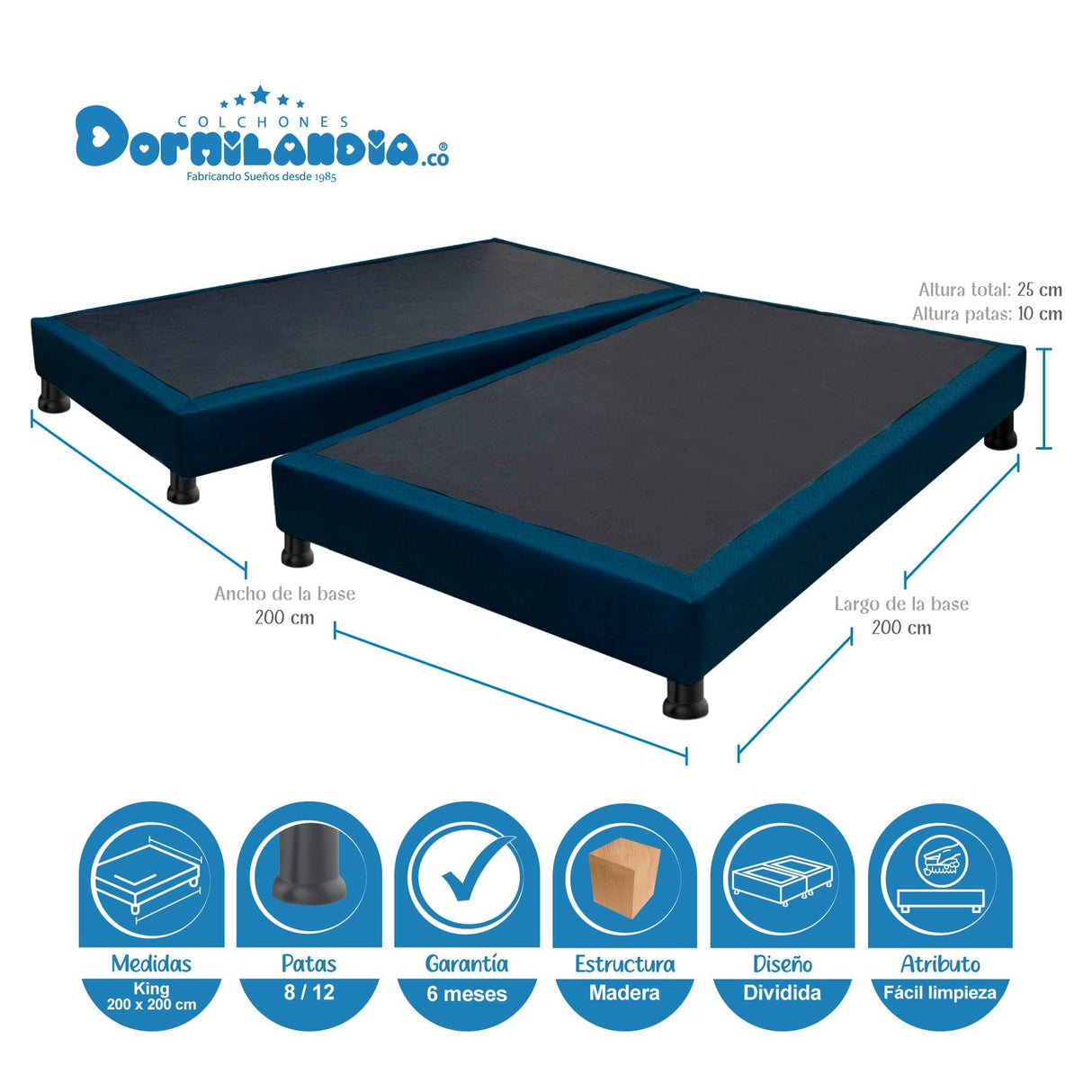 Combo Base Cama y Colchón Dublín Azul King 200 X 200 Cm Firmeza Medio - COLCHONES | Bylmo