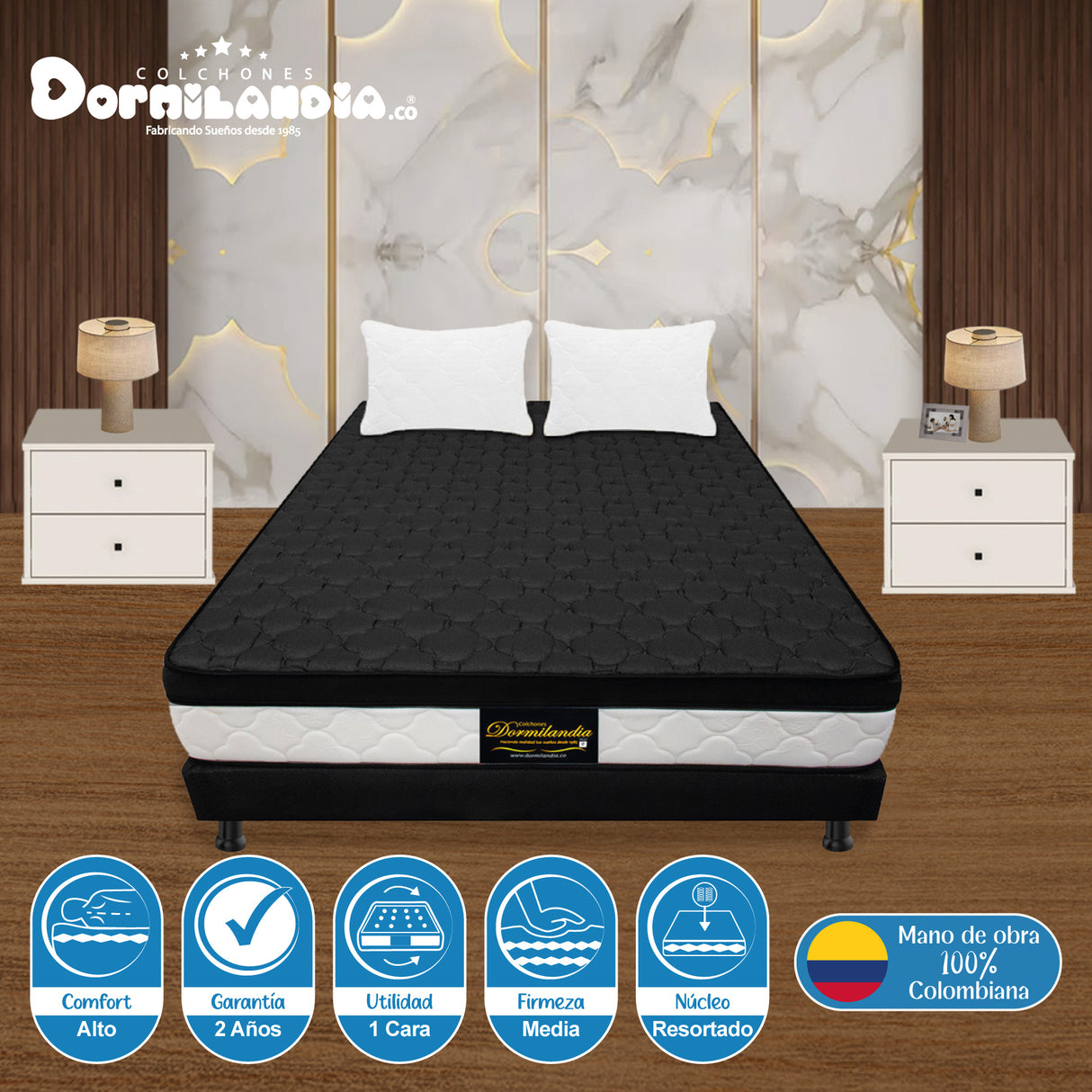 Combo Base Cama y Colchón Dublín Negro Doble 140 X 190 Cm Firmeza Medio - COLCHONES | Bylmo