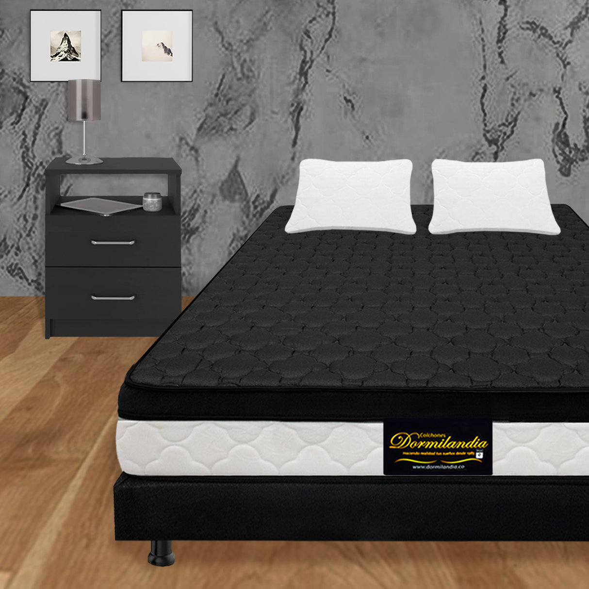 Combo Base Cama y Colchón Dublín Negro Doble 140 X 190 Cm Firmeza Medio - COLCHONES | Bylmo