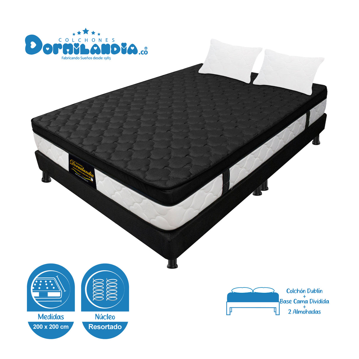 Combo Base Cama y Colchón Dublín Negro King 200 X 200 Cm Firmeza Medio - COLCHONES | Bylmo