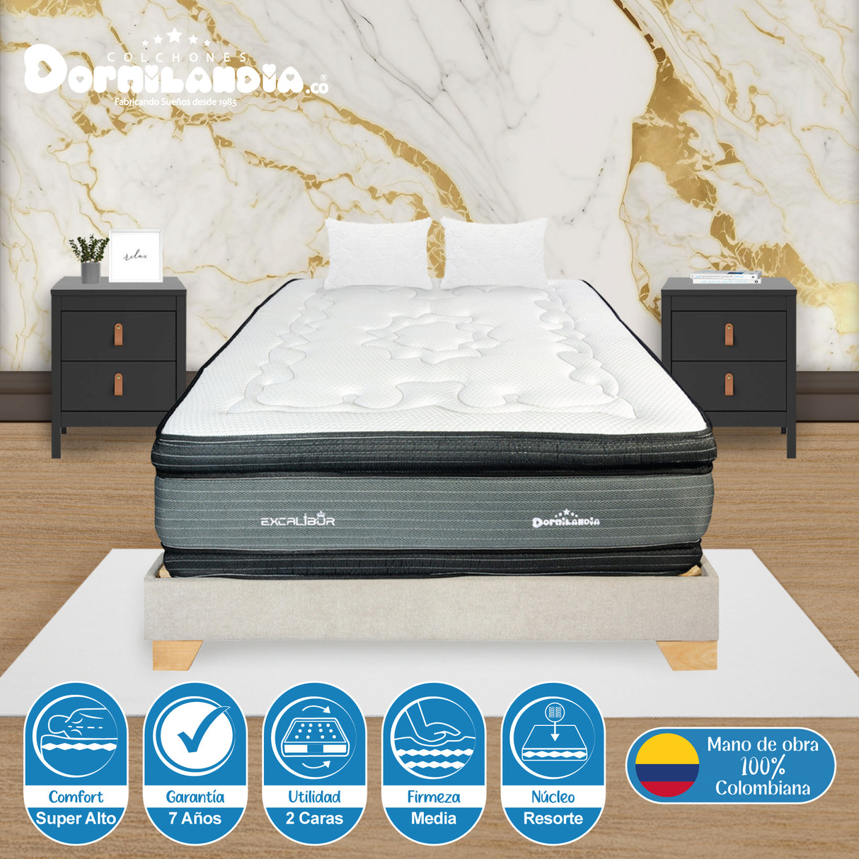 Combo Base Cama y Colchón Excalibur Gris y Arena Semidoble 120 X 190 Cm Firmeza Medio Doble Faz - COLCHONES | Bylmo