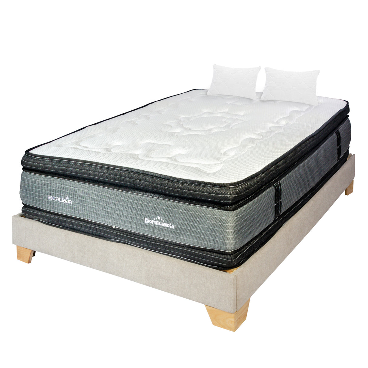 Combo Base Cama y Colchón Excalibur Gris y Arena Queen 160 X 190 Cm Firmeza Medio Doble Faz - COLCHONES | Bylmo