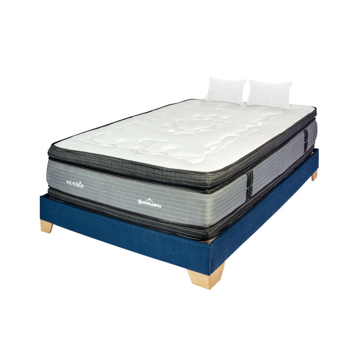 Combo Base Cama y Colchón Excalibur Gris y Azul Doble 140 X 190 Cm Firmeza Medio Doble Faz - COLCHONES | Bylmo