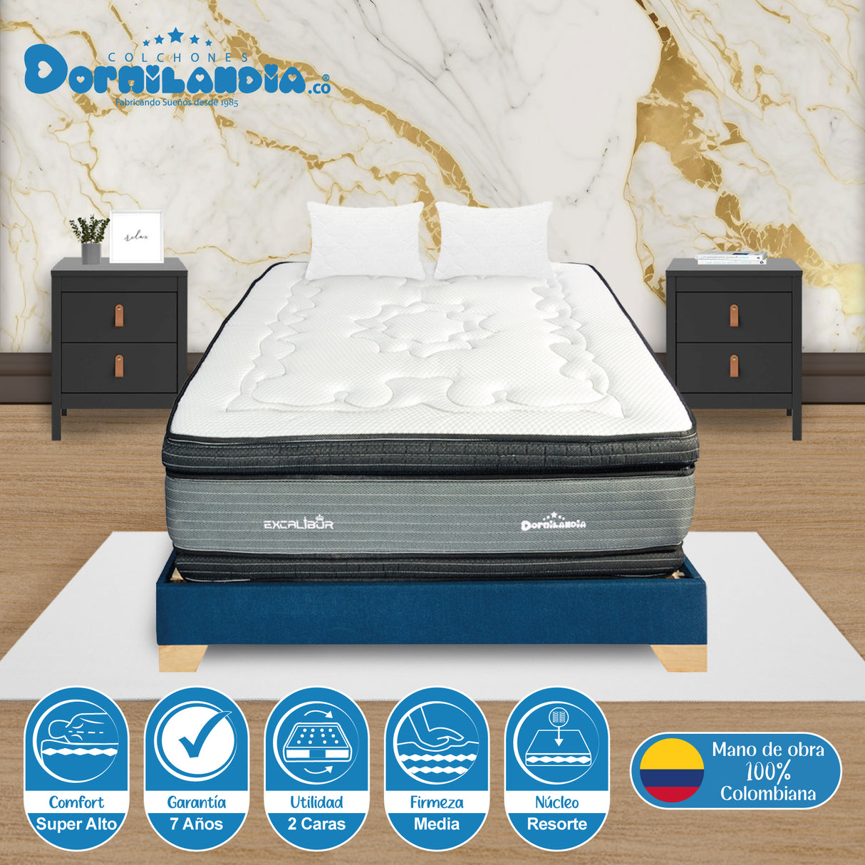 Combo Base Cama y Colchón Excalibur Gris y Azul Doble 140 X 190 Cm Firmeza Medio Doble Faz - COLCHONES | Bylmo
