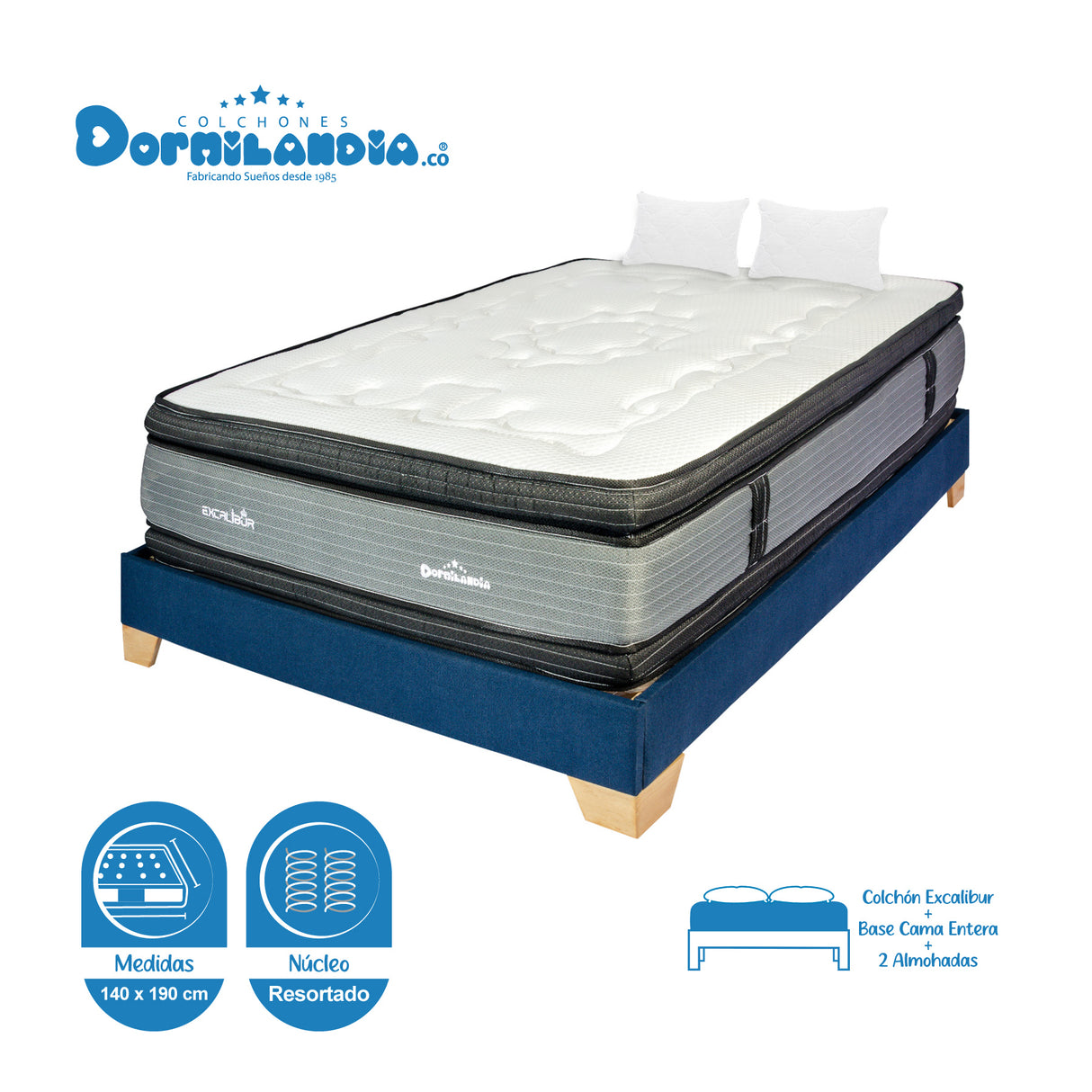 Combo Base Cama y Colchón Excalibur Gris y Azul Doble 140 X 190 Cm Firmeza Medio Doble Faz - COLCHONES | Bylmo