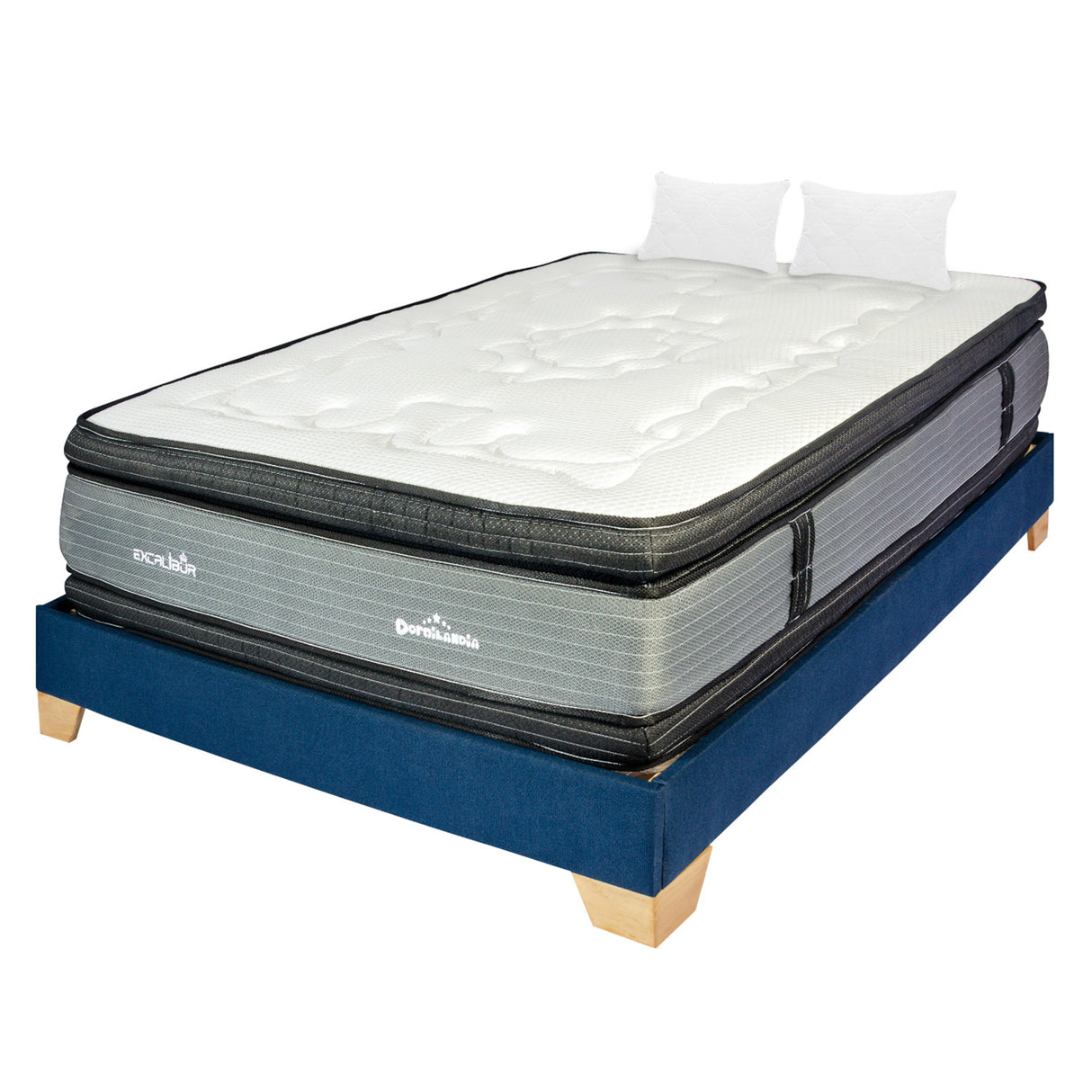 Combo Base Cama y Colchón Excalibur Gris y Azul Queen 160 X 190 Cm Firmeza Medio Doble Faz - COLCHONES | Bylmo