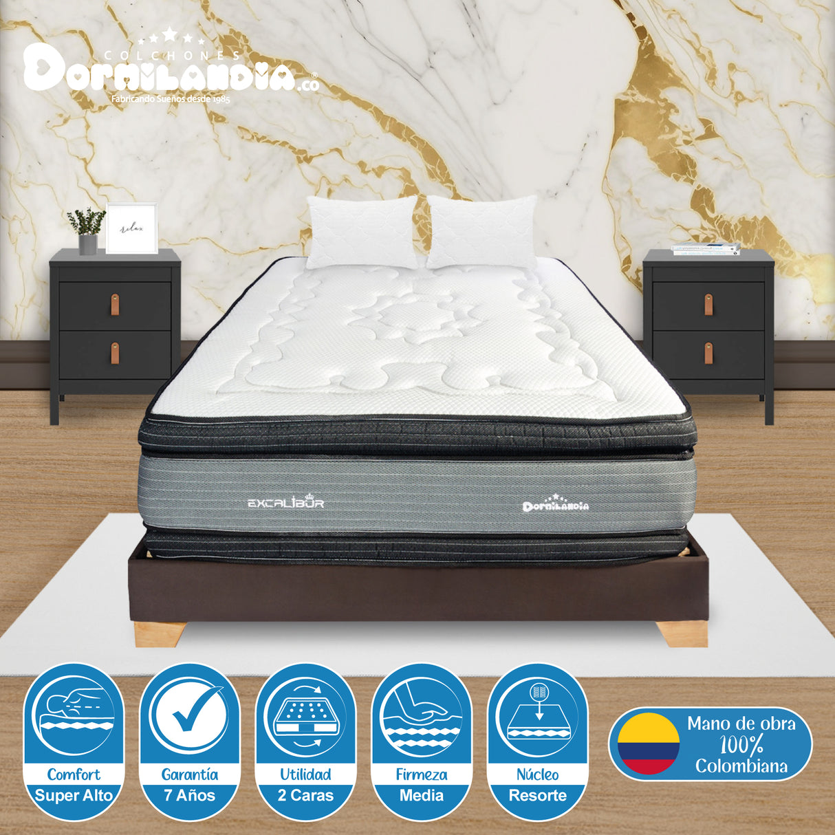 Combo Base Cama y Colchón Excalibur Gris y Cafe Doble 140 X 190 Cm Firmeza Medio Doble Faz - COLCHONES | Bylmo