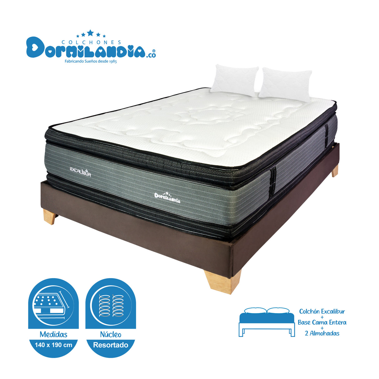 Combo Base Cama y Colchón Excalibur Gris y Cafe Doble 140 X 190 Cm Firmeza Medio Doble Faz - COLCHONES | Bylmo