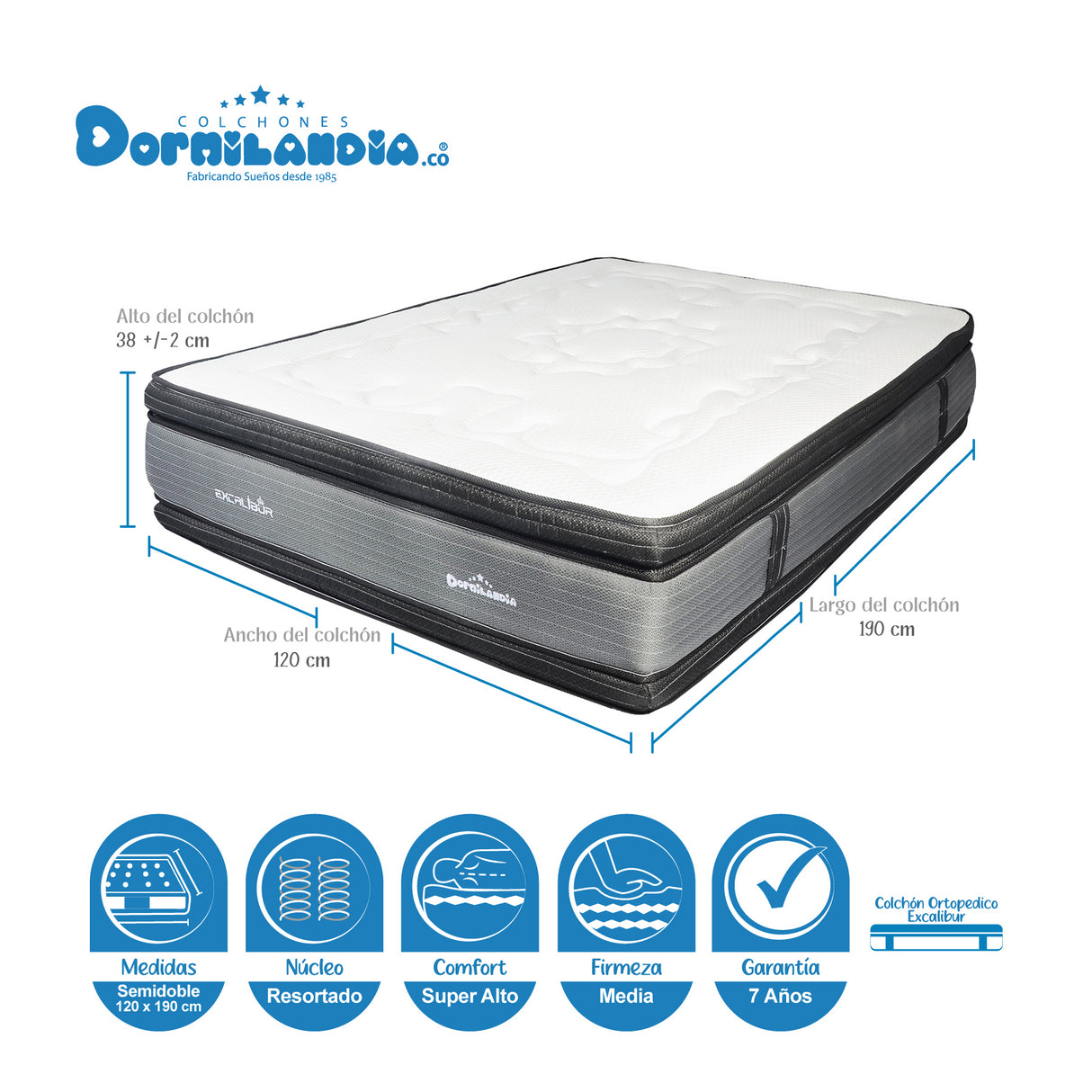 Combo Base Cama y Colchón Excalibur Gris Semidoble 120 X 190 Cm Firmeza Medio Doble Faz - COLCHONES | Bylmo
