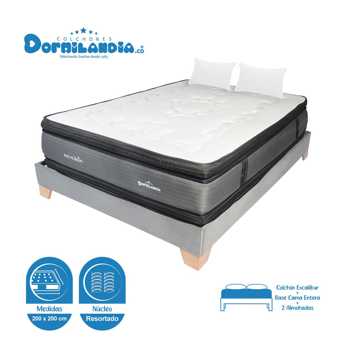 Combo Base Cama y Colchón Excalibur Gris King 200 X 200 Cm Firmeza Medio Doble Faz - COLCHONES | Bylmo