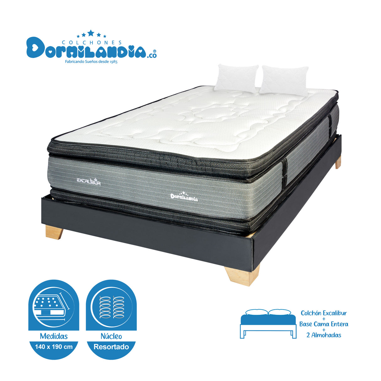 Combo Base Cama y Colchón Excalibur Gris y Negro Doble 140 X 190 Cm Firmeza Medio Doble Faz - COLCHONES | Bylmo