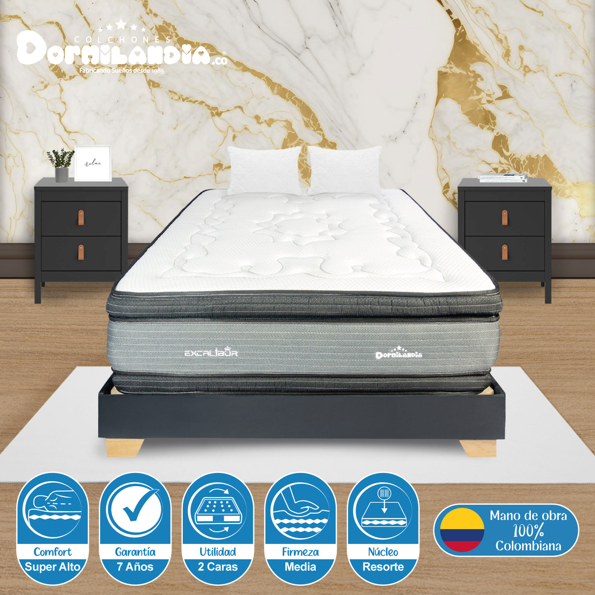 Combo Base Cama y Colchón Excalibur Gris y Negro Queen 160 X 190 Cm Firmeza Medio Doble Faz - COLCHONES | Bylmo