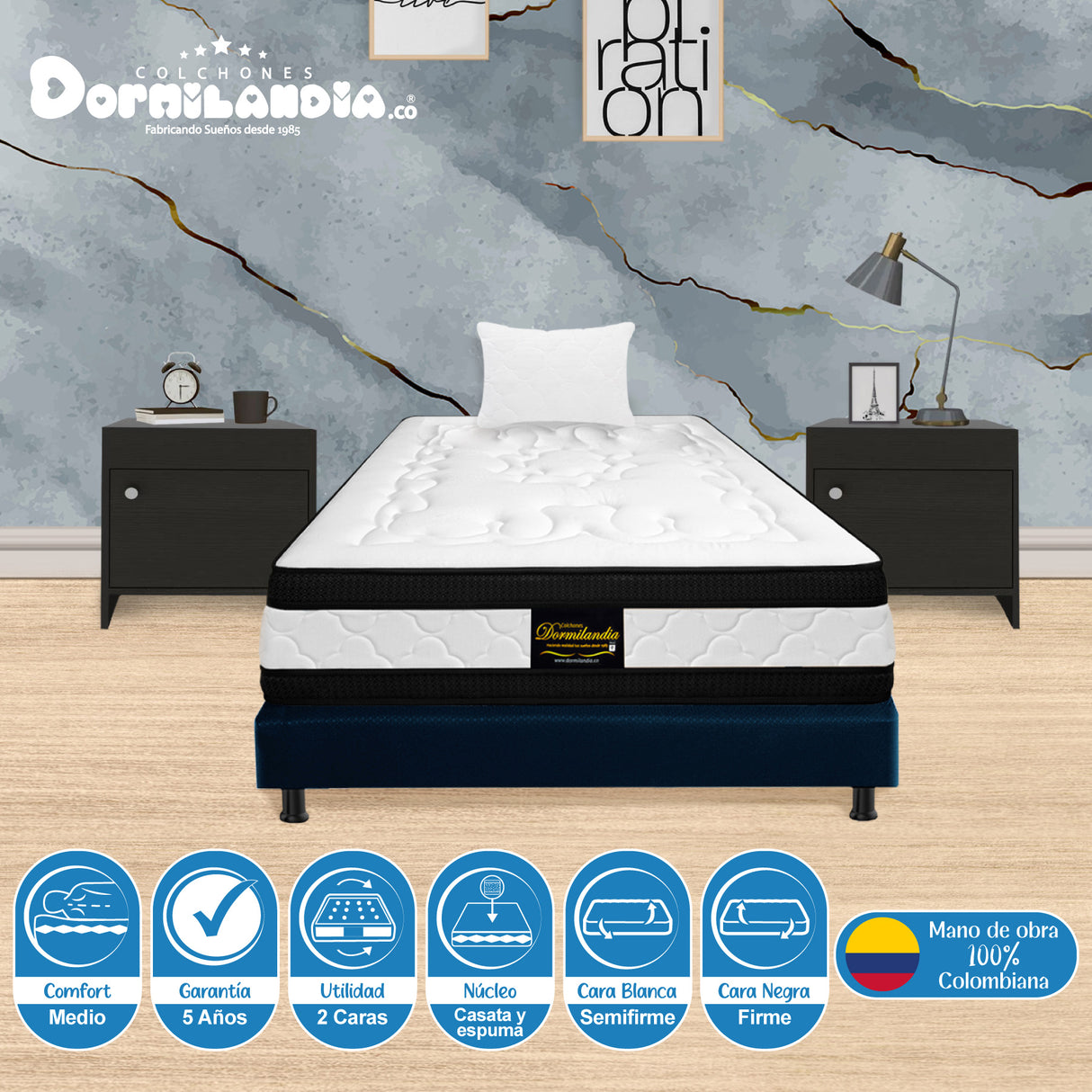 Combo Base Cama y Colchón Casata Blanco y Azul Sencillo 100 X 190 Cm Firmeza Medio Firme Doble Faz - COLCHONES | Bylmo