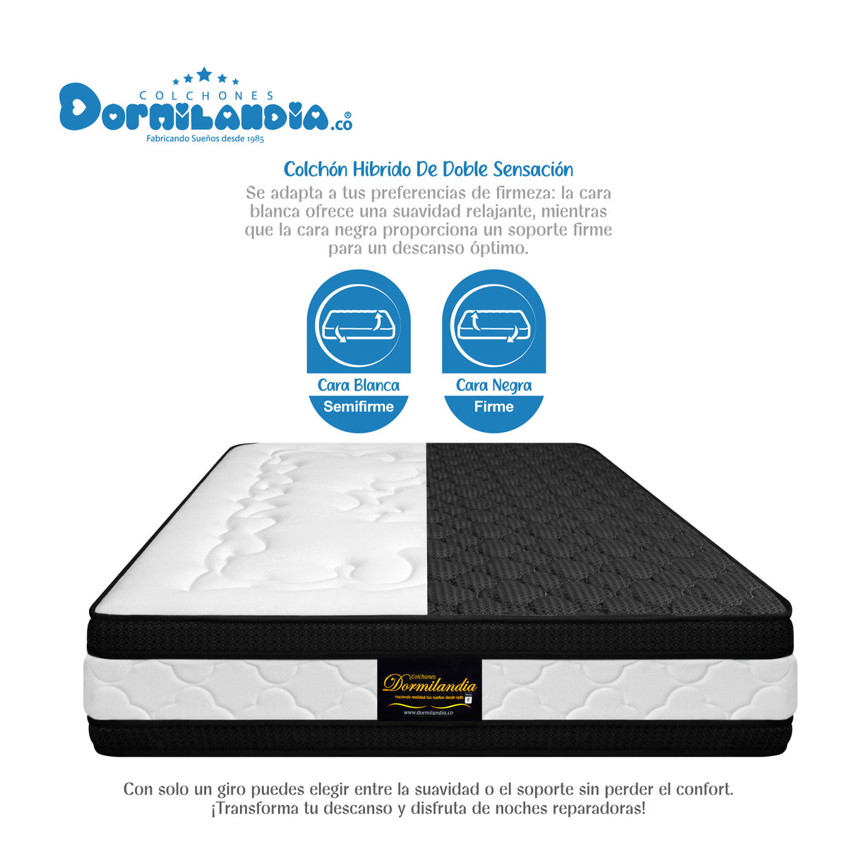 Combo Base Cama y Colchón Casata Blanco y Negro Semidoble 120 X 190 Cm Firmeza Medio Firme Doble Faz - COLCHONES | Bylmo