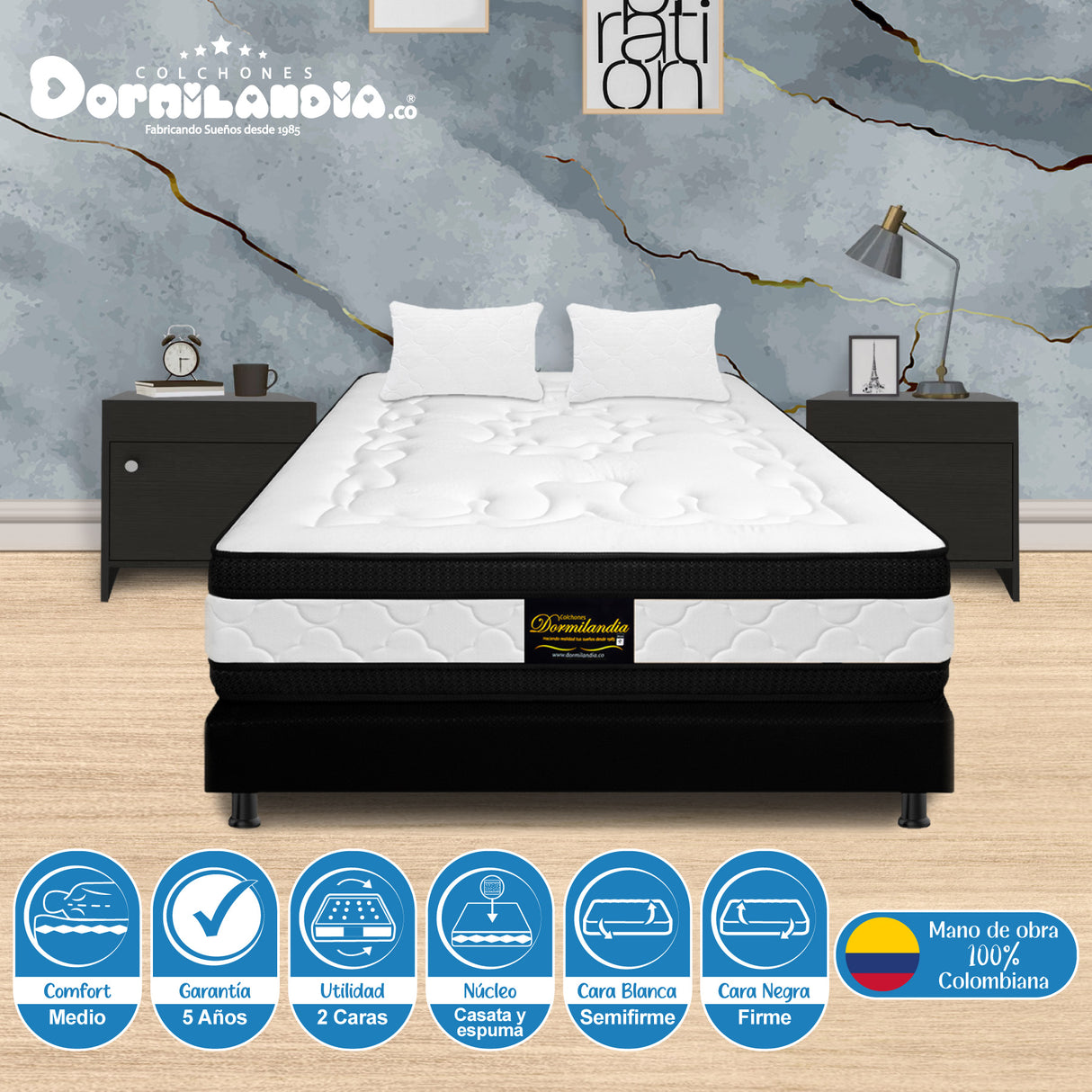 Combo Base Cama y Colchón Casata Blanco y Negro Doble 140 X 190 Cm Firmeza Medio Firme Doble Faz - COLCHONES | Bylmo