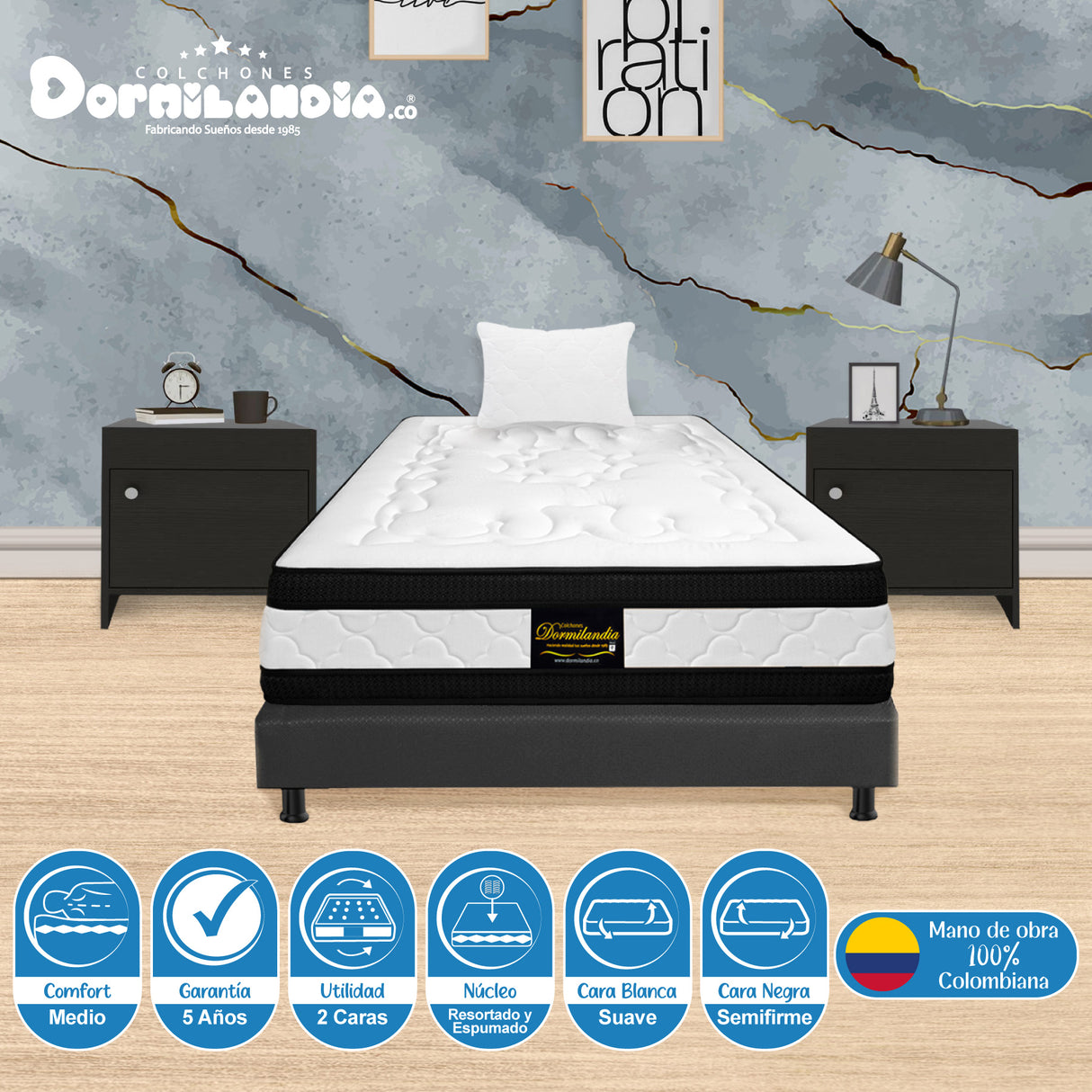 Combo Base Cama y Colchón Blanco y Gris Sencillo 100 X 190 Cm Firmeza Medio Suave Doble Faz - COLCHONES | Bylmo