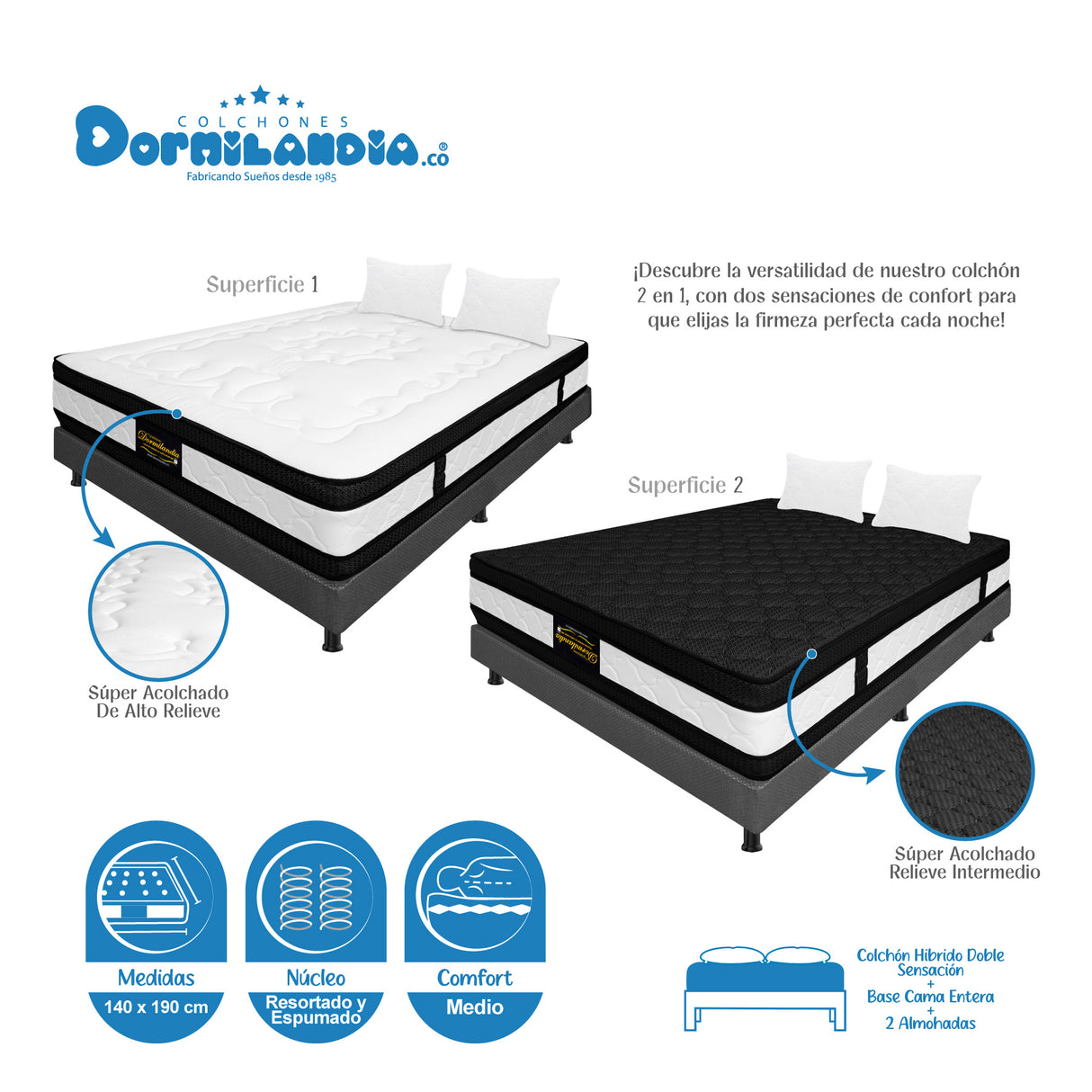 Combo Base Cama y Colchón Blanco y Gris Doble 140 X 190 Cm Firmeza Medio Suave Doble Faz - COLCHONES | Bylmo