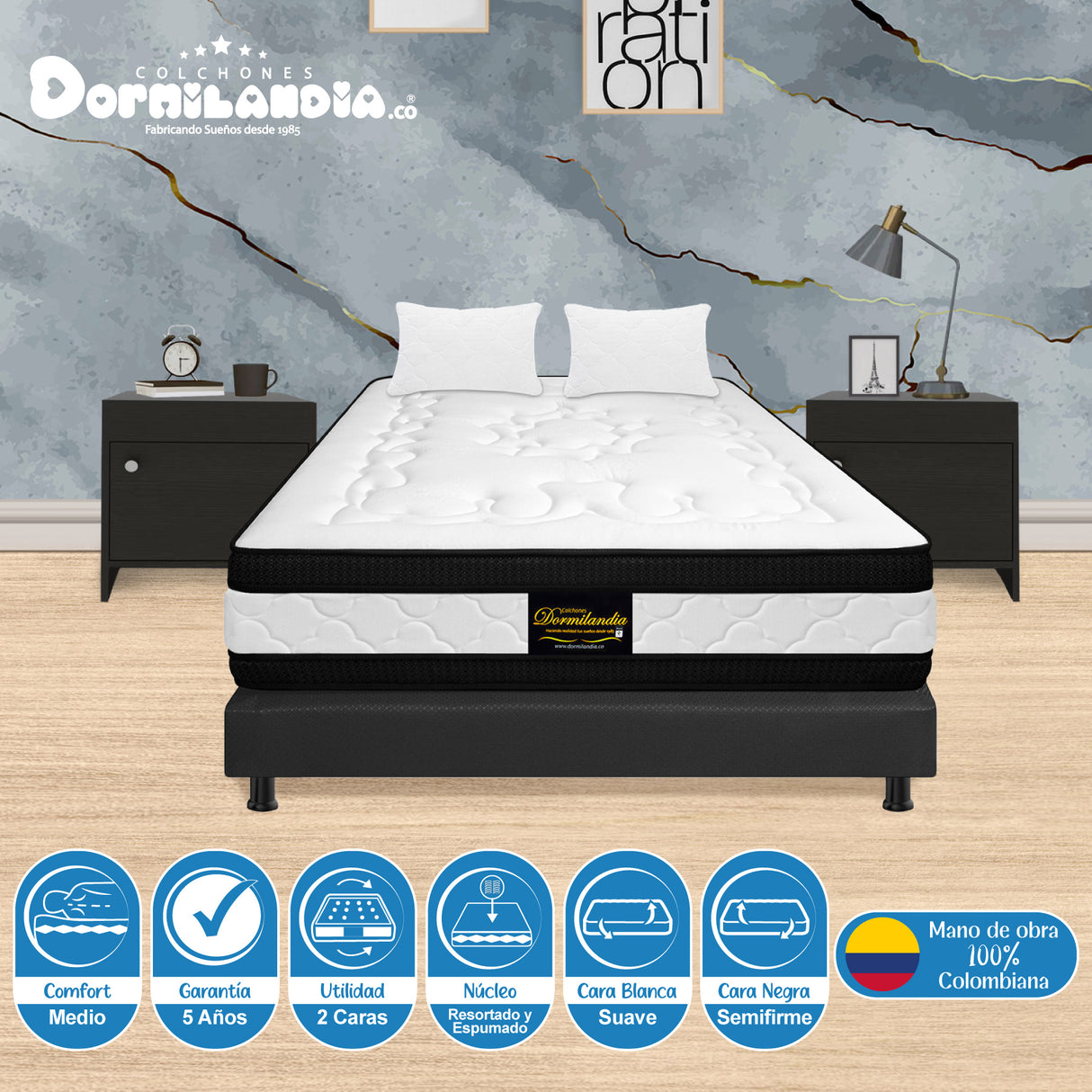 Combo Base Cama y Colchón Blanco y Gris Queen 160 X 190 Cm Firmeza Medio Suave Doble Faz - COLCHONES | Bylmo