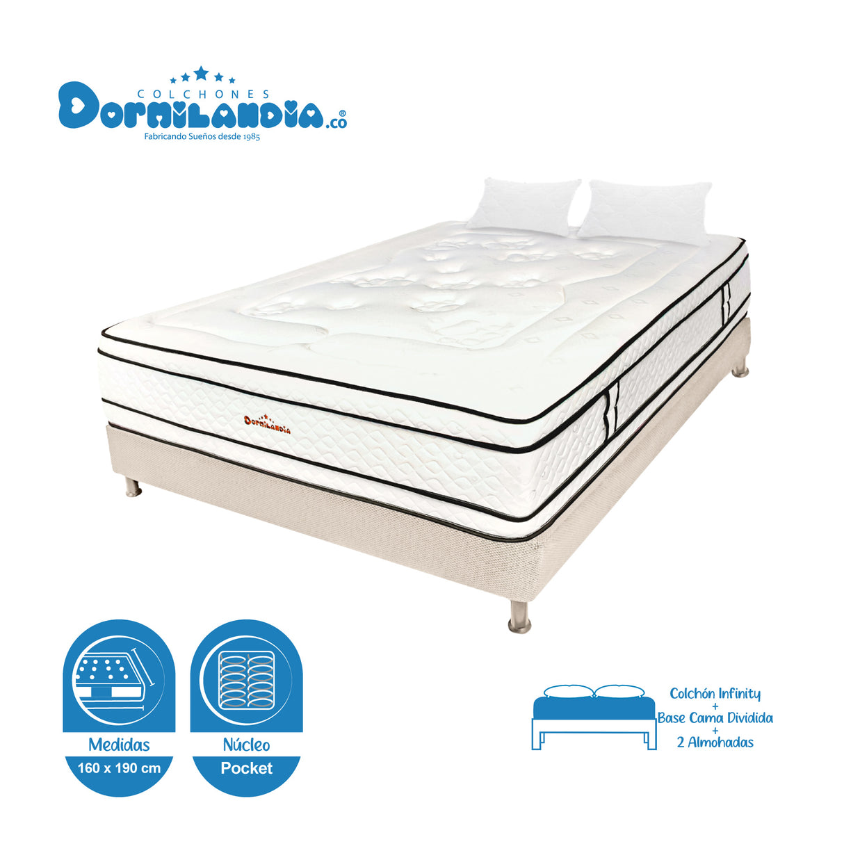 Combo Base Cama y Colchón Infinity Blanco y Arena Queen 160 X 190 Cm Firmeza Medio Firme Doble Faz - COLCHONES | Bylmo