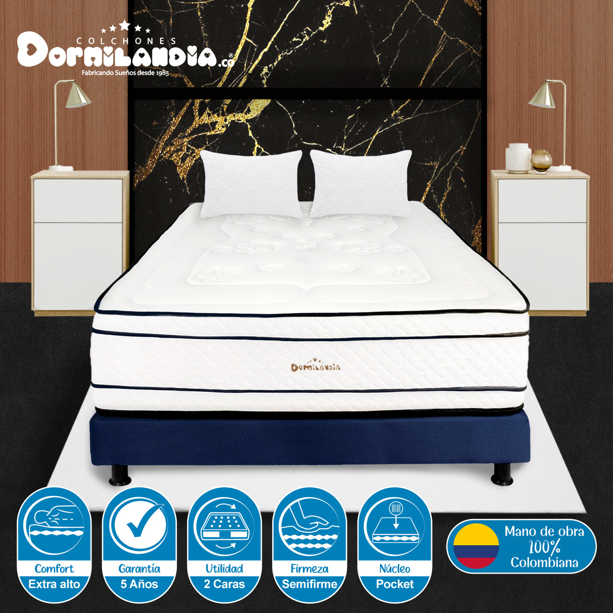Combo Base Cama y Colchón Infinity Blanco y Azul Semidoble 120 X 190 Cm Firmeza Medio Firme Doble Faz - COLCHONES | Bylmo