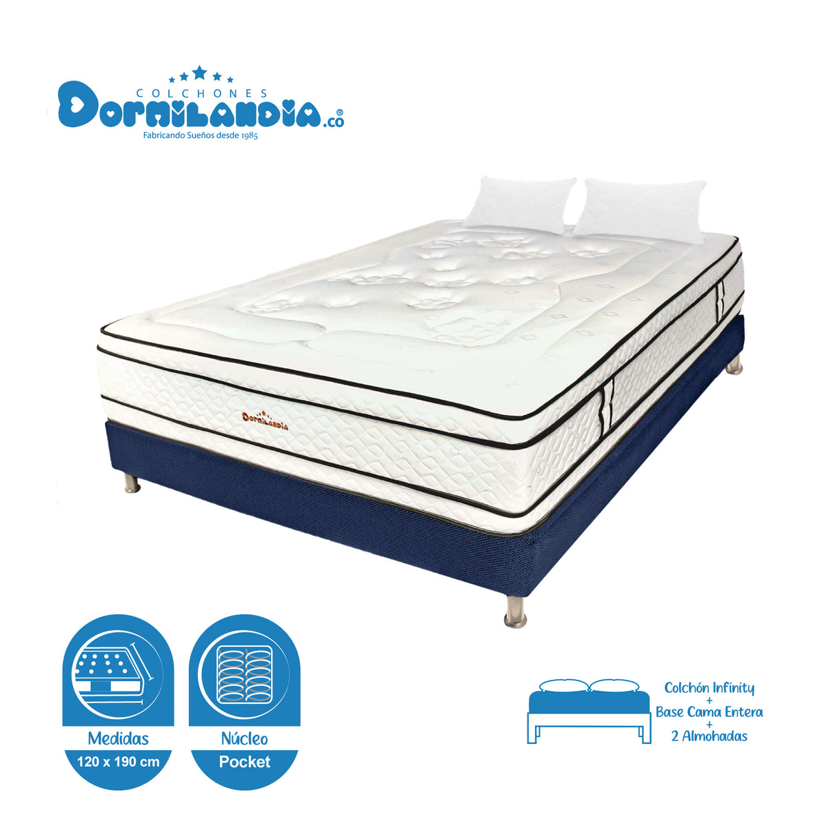Combo Base Cama y Colchón Infinity Blanco y Azul Semidoble 120 X 190 Cm Firmeza Medio Firme Doble Faz - COLCHONES | Bylmo