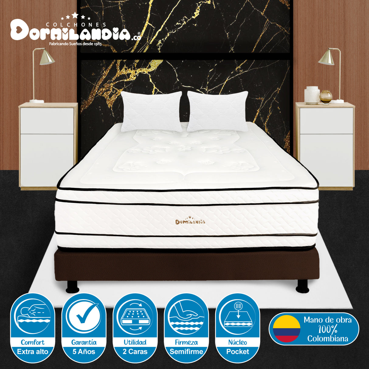Combo Base Cama y Colchón Infinity Blanco y Cafe Doble 140 X 190 Cm Firmeza Medio Firme Doble Faz - COLCHONES | Bylmo