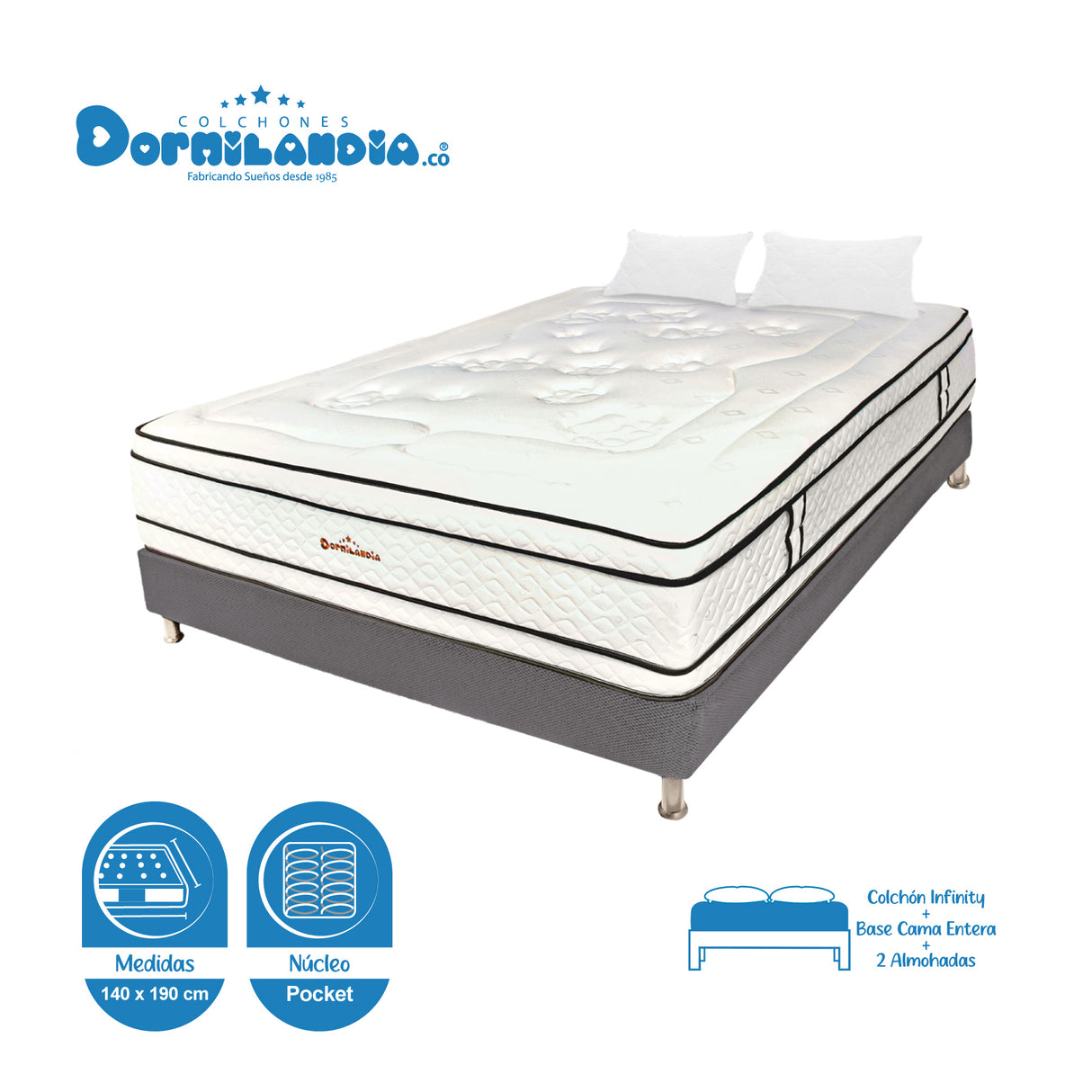 Combo Base Cama y Colchón Infinity Blanco y Gris Doble 140 X 190 Cm Firmeza Medio Firme Doble Faz - COLCHONES | Bylmo