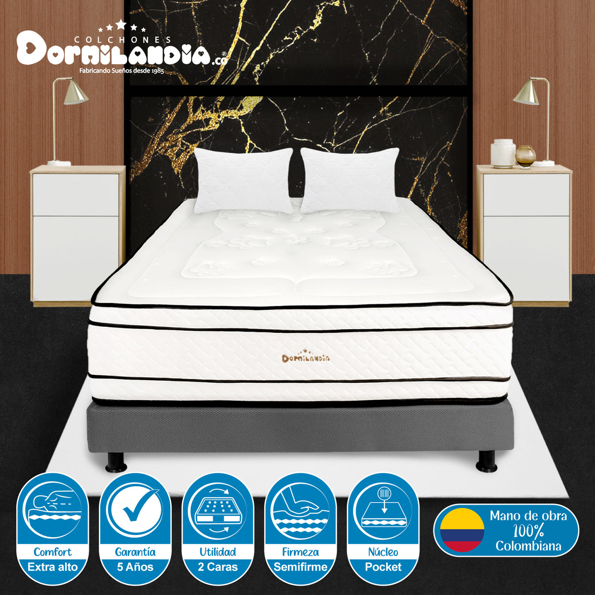 Combo Base Cama y Colchón Infinity Blanco y Gris Queen 160 X 190 Cm Firmeza Medio Firme Doble Faz - COLCHONES | Bylmo