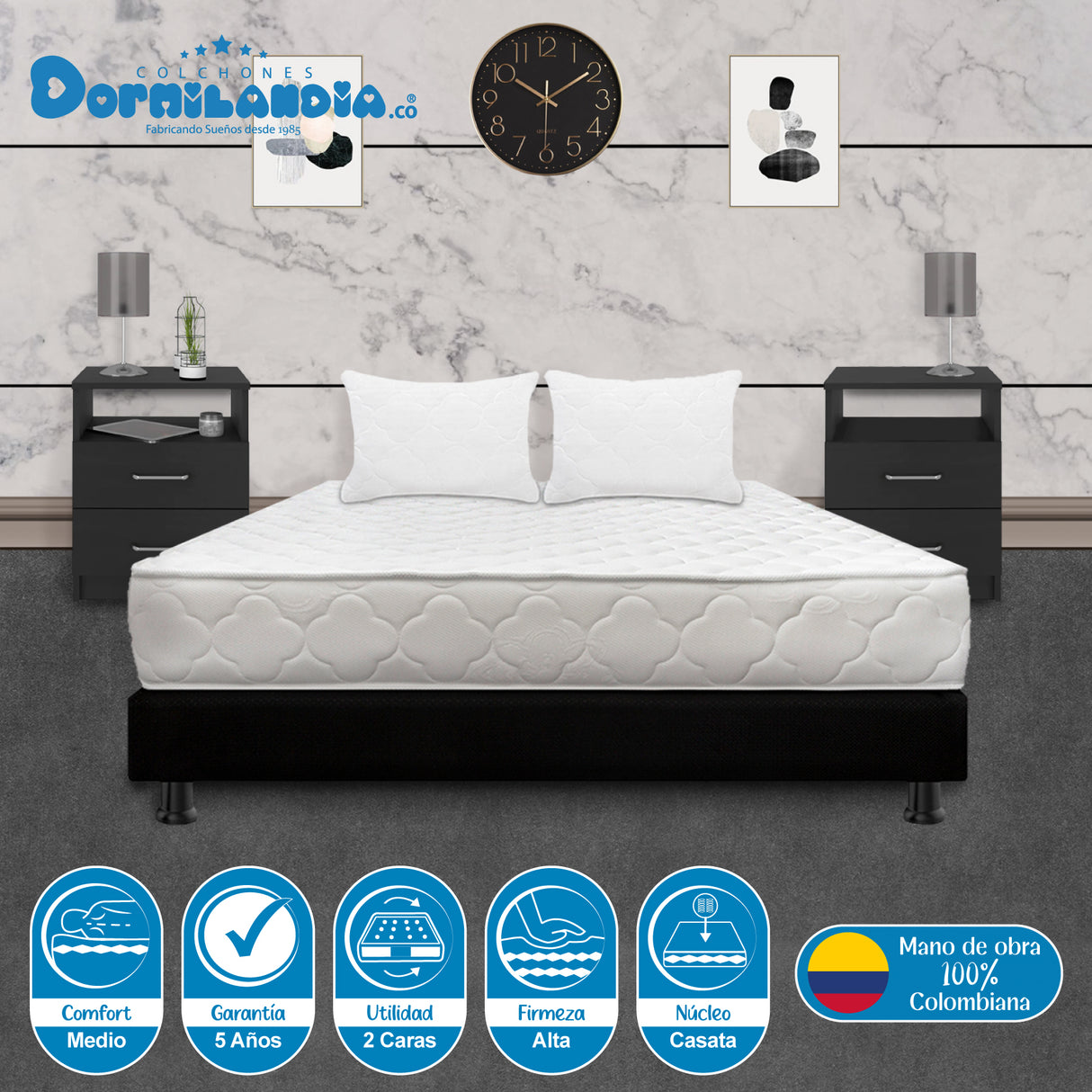 Combo Base Cama y Colchón Macizo Blanco y Negro Doble 140 X 190 Cm Firmeza Firme Doble Faz - COLCHONES | Bylmo