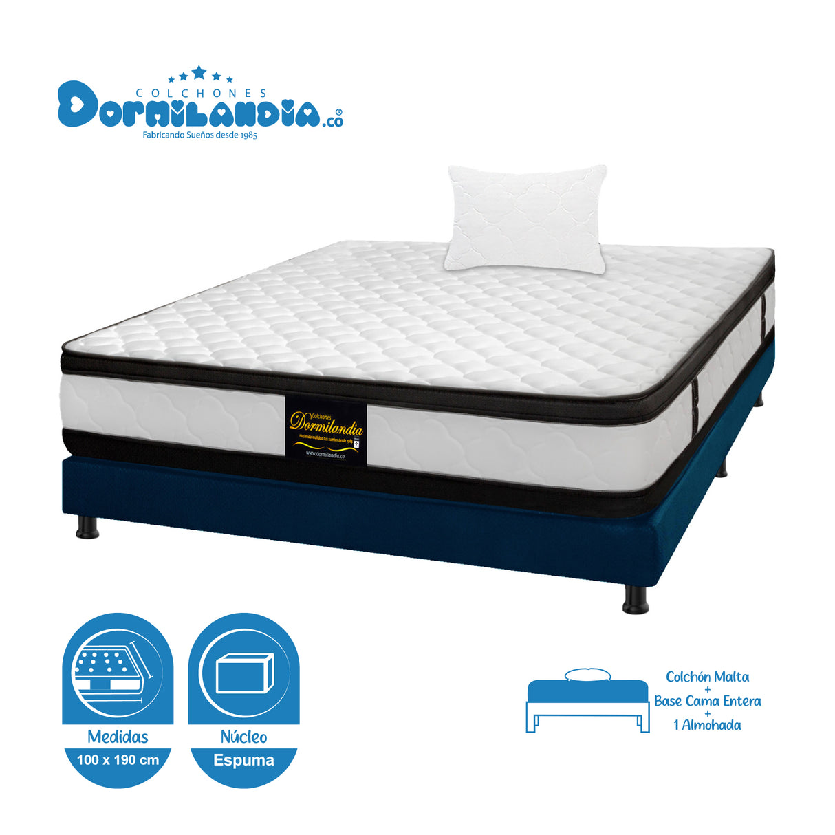 Combo Base Cama y Colchón Malta Blanco y Azul Sencillo 100 X 190 Cm Firmeza Firme Doble Faz - COLCHONES | Bylmo