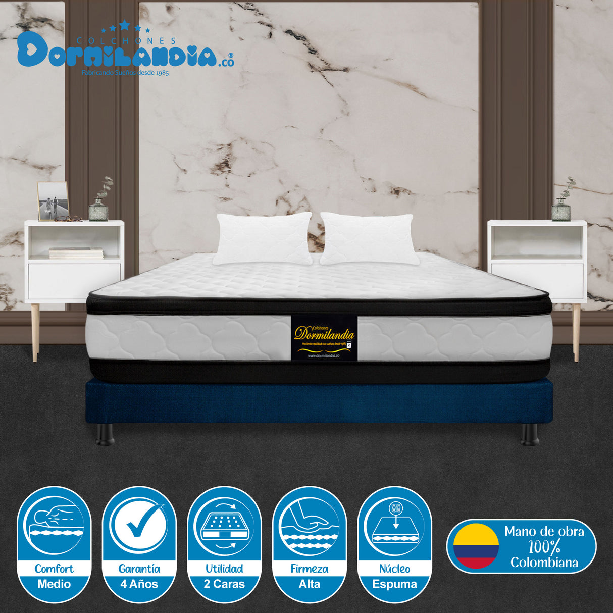 Combo Base Cama y Colchón Malta Blanco y Azul Semidoble 120 X 190 Cm Firmeza Firme Doble Faz - COLCHONES | Bylmo