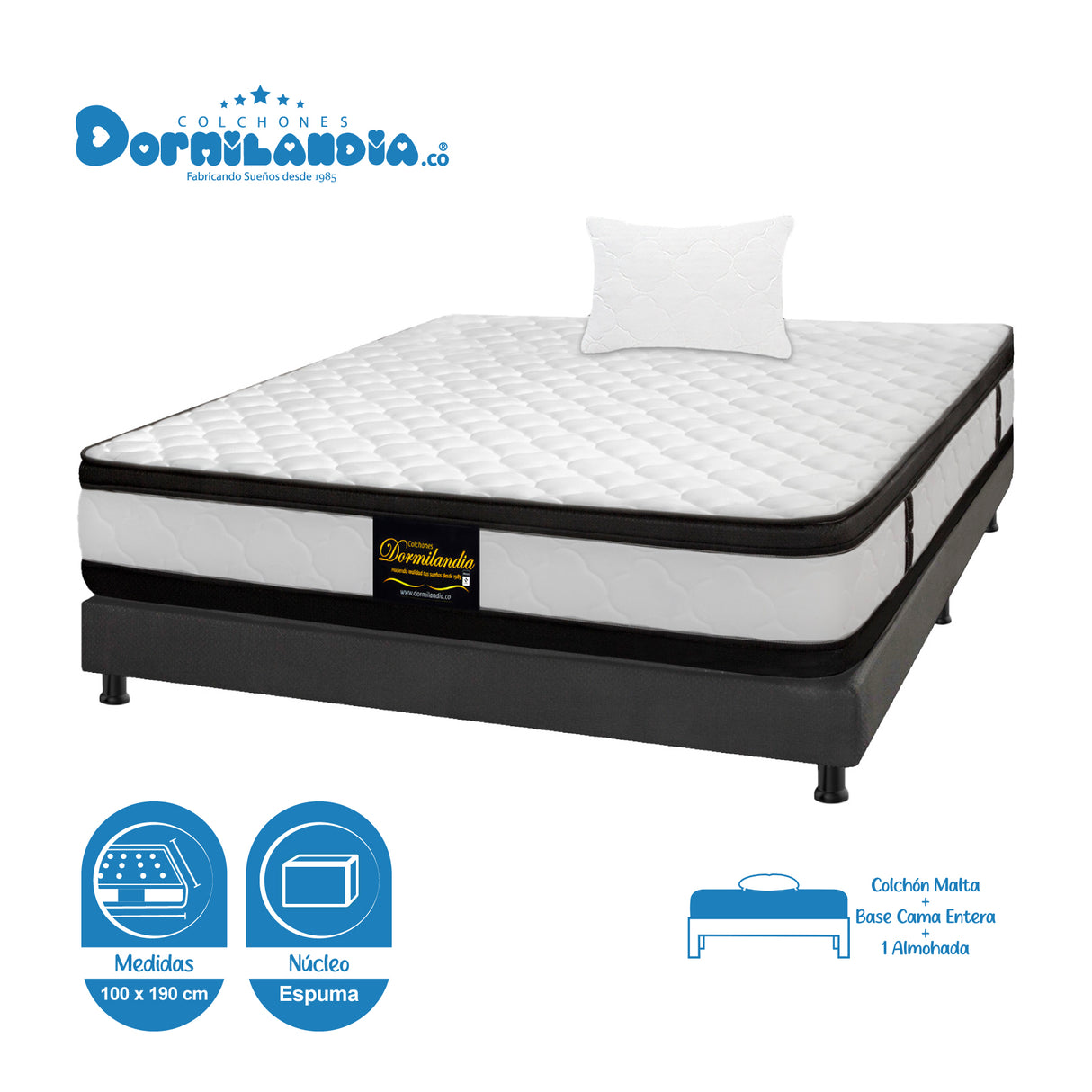 Combo Base Cama y Colchón Malta Blanco y Gris Sencillo 100 X 190 Cm Firmeza Firme Doble Faz - COLCHONES | Bylmo