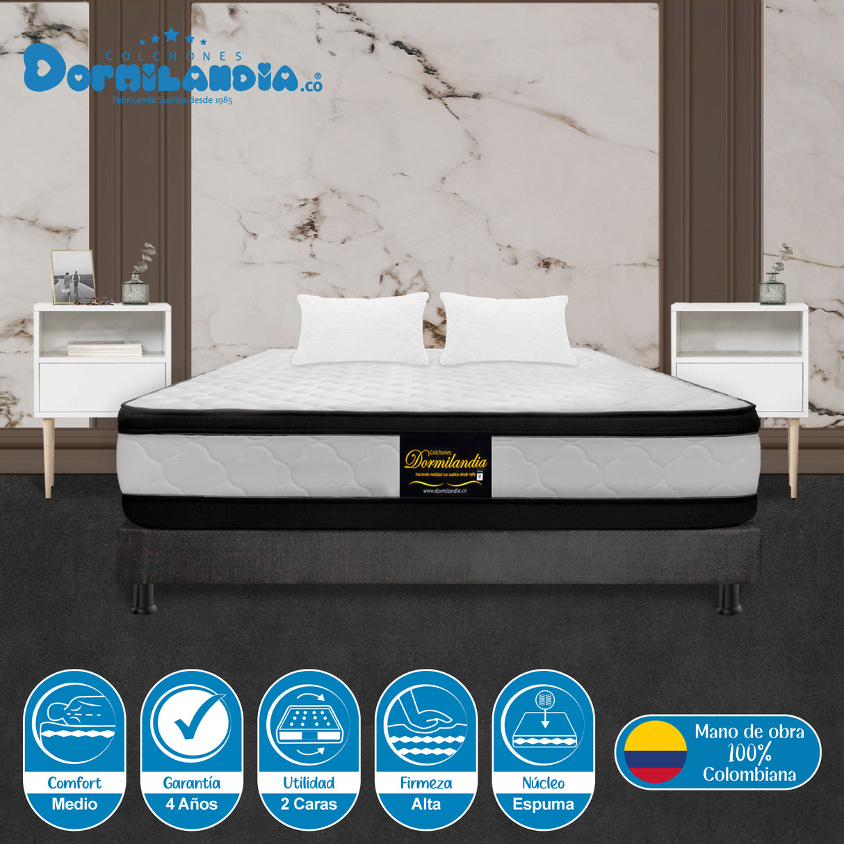 Combo Base Cama y Colchón Malta Blanco y Gris Queen 160 X 190 Cm Firmeza Firme Doble Faz - COLCHONES | Bylmo