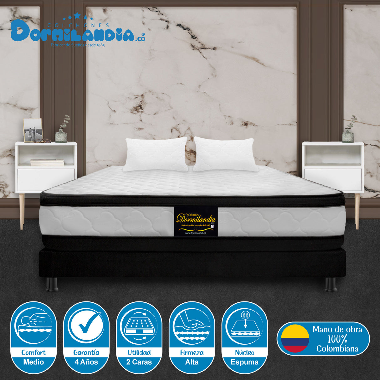 Combo Base Cama y Colchón Malta Blanco y Negro Doble 140 X 190 Cm Firmeza Firme Doble Faz - COLCHONES | Bylmo