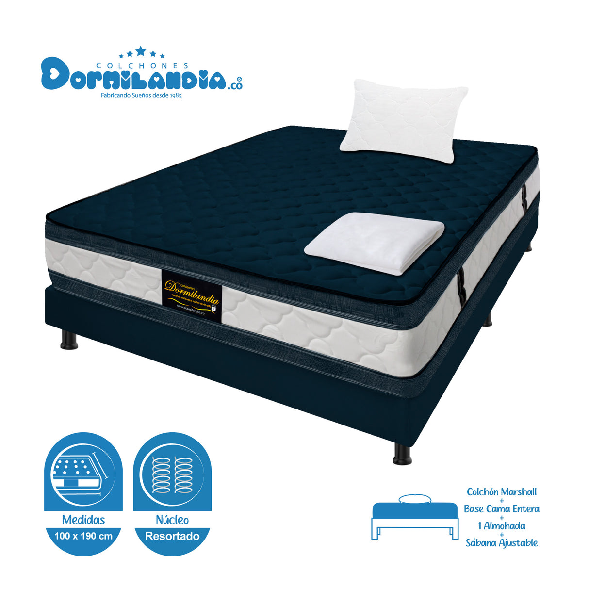 Combo Base Cama y Colchón Marshall Azul Sencillo 100 X 190 Cm Firmeza Medio Doble Faz - COLCHONES | Bylmo