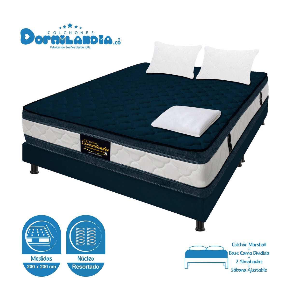 Combo Base Cama y Colchón Marshall Azul King 200 X 200 Cm Firmeza Medio Doble Faz - COLCHONES | Bylmo