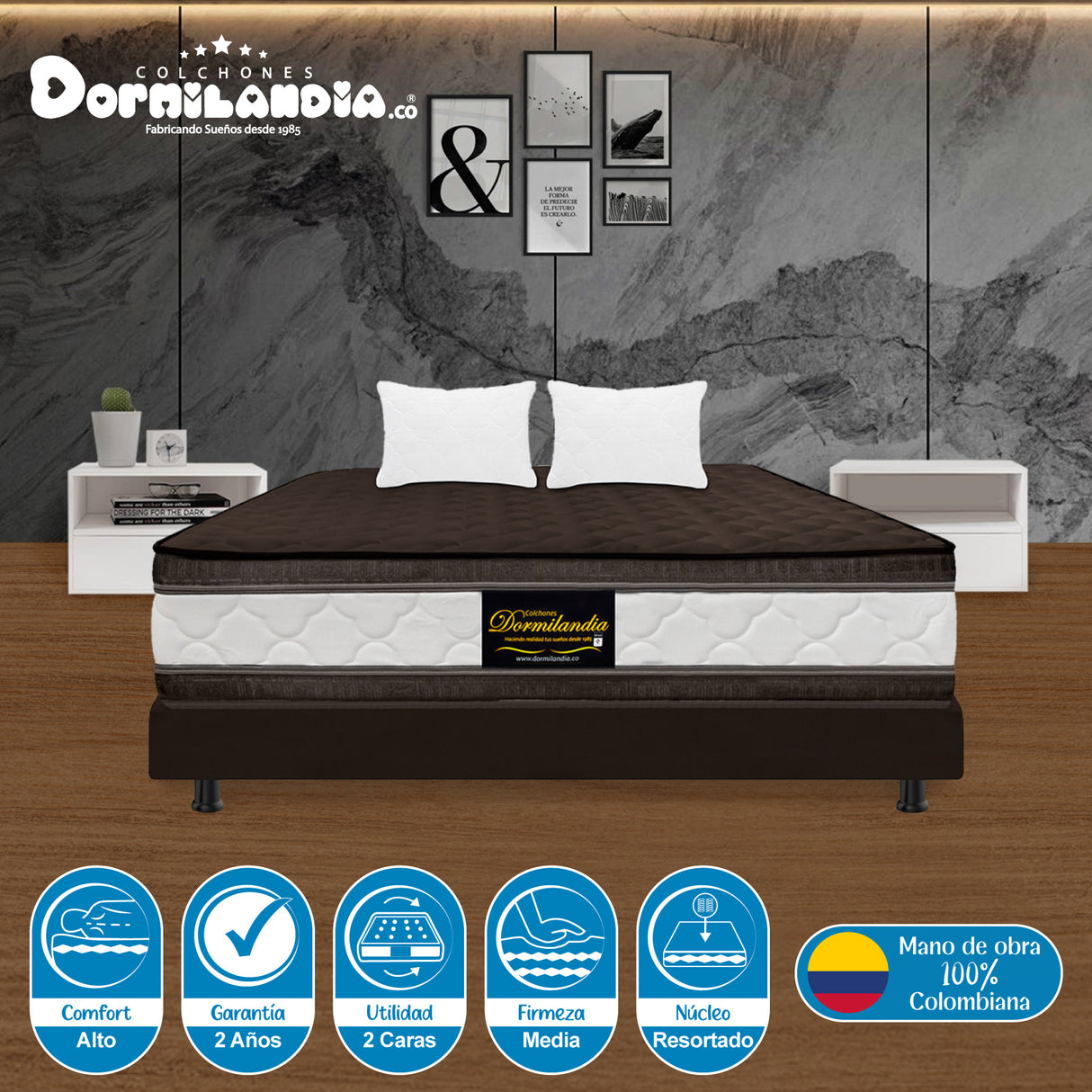 Combo Base Cama y Colchón Marshall Cafe Queen 160 X 190 Cm Firmeza Medio Doble Faz - COLCHONES | Bylmo