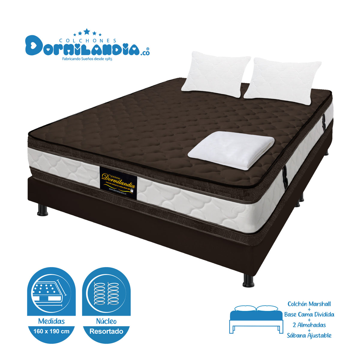 Combo Base Cama y Colchón Marshall Cafe Queen 160 X 190 Cm Firmeza Medio Doble Faz - COLCHONES | Bylmo