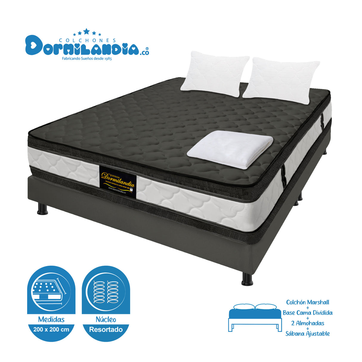 Combo Base Cama y Colchón Marshall Gris King 200 X 200 Cm Firmeza Medio Doble Faz - COLCHONES | Bylmo