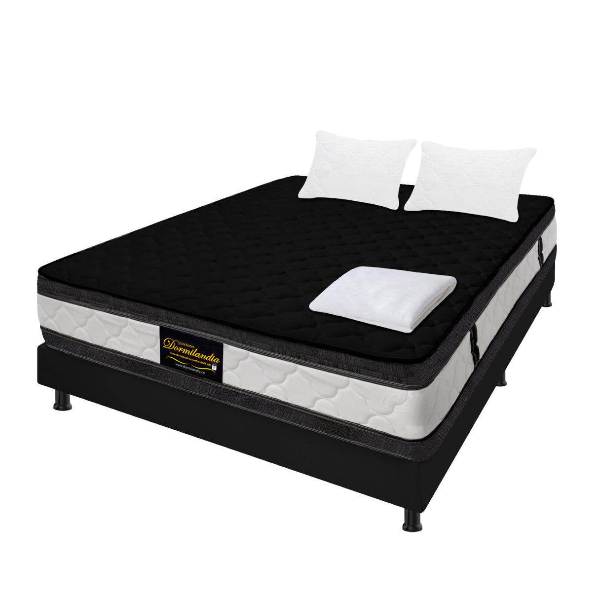 Combo Base Cama y Colchón Marshall Negro Doble 140 X 190 Cm Firmeza Medio Doble Faz - COLCHONES | Bylmo