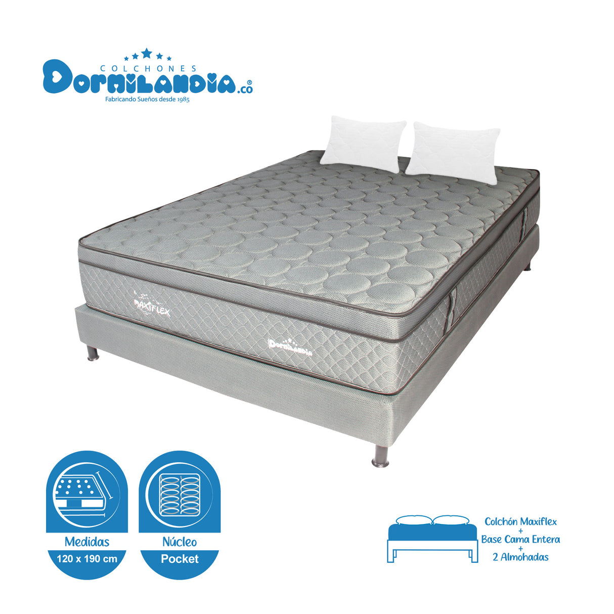 Combo Base Cama y Colchón Maxiflex Gris Semidoble 120 X 190 Cm Firmeza Suave - COLCHONES | Bylmo